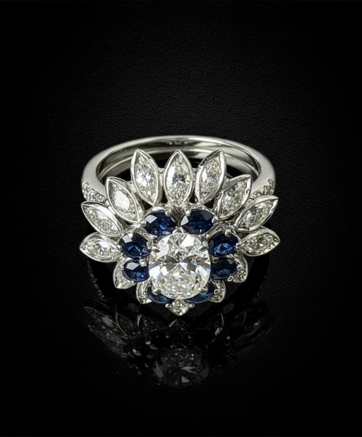Anello a Fiore Stellato con Zaffiri e Diamanti