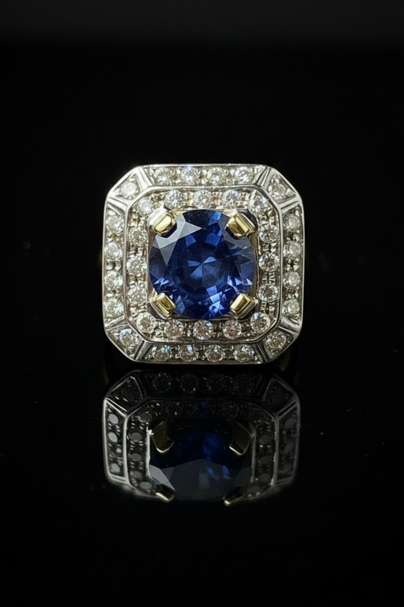 Anello Ottagonale con Zaffiro Verneuil e Diamanti