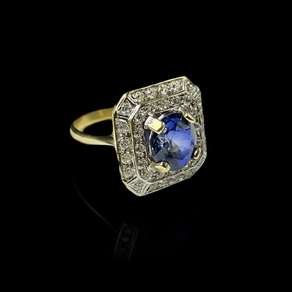 Anello Ottagonale con Zaffiro Verneuil e Diamanti