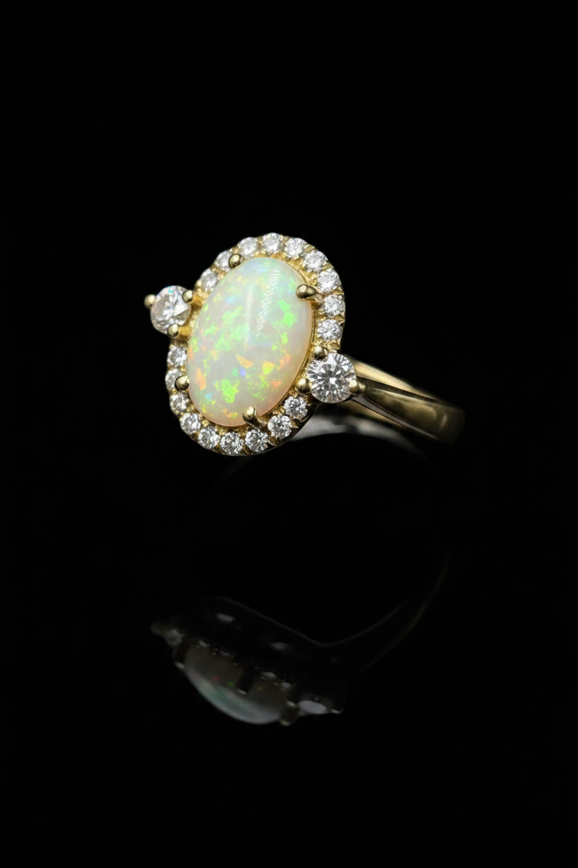 Anello con Opale Arlecchino e Diamanti