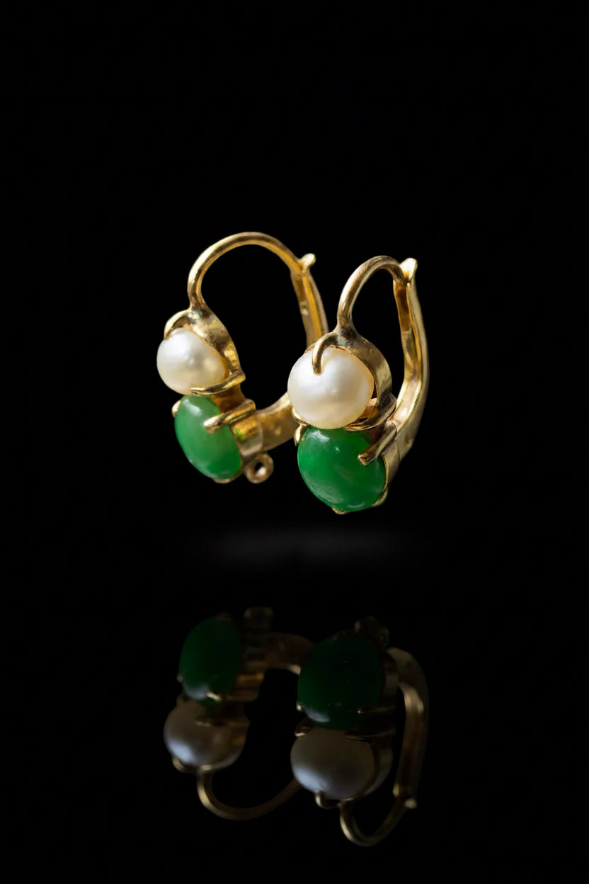 Orecchini in Oro Giallo 18K con Smeraldo e Perla Naturale