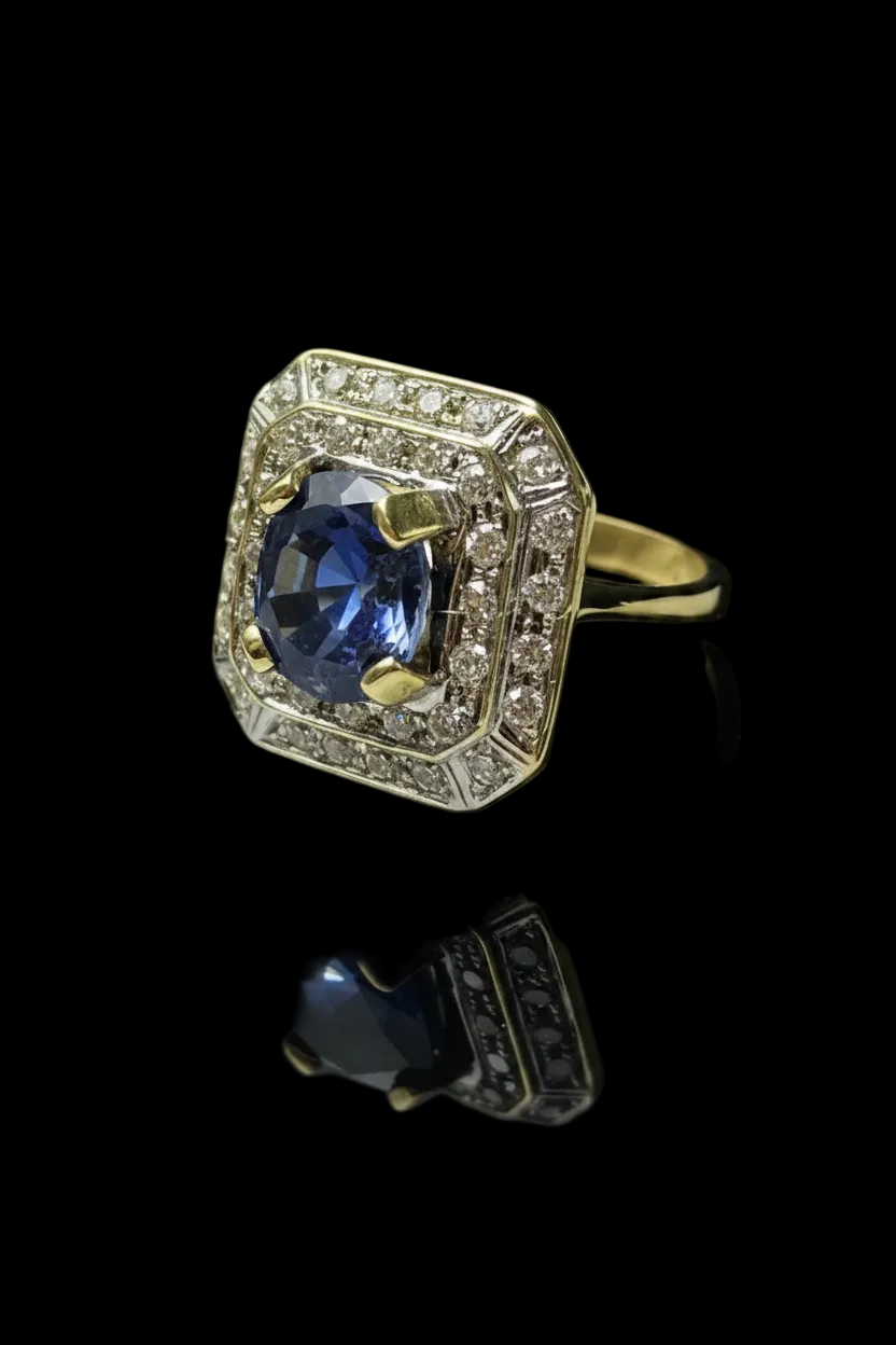 Anello Ottagonale con Zaffiro Verneuil e Diamanti