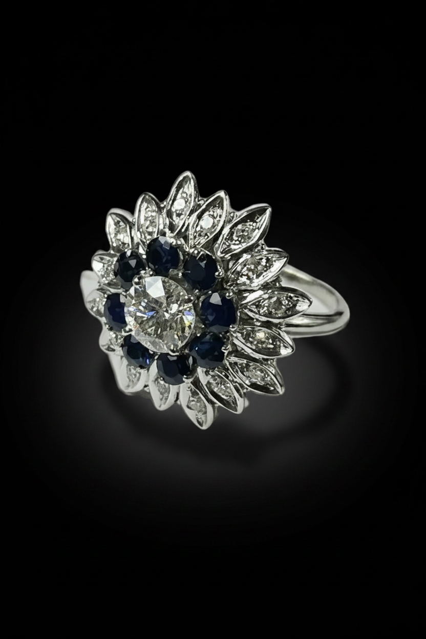 Anello a Fiore Stellato con Zaffiri e Diamanti
