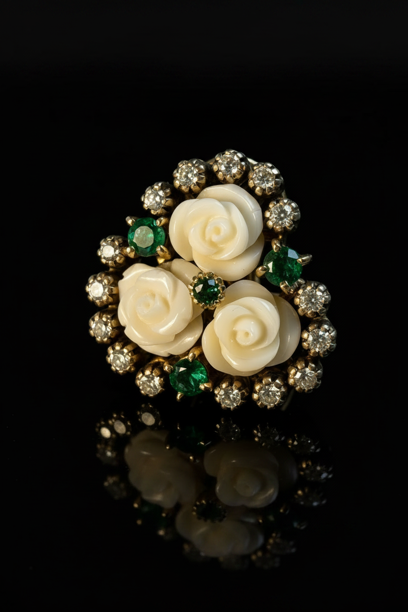 Orecchini con Rose di Corallo Bianco, Smeraldi e Diamanti