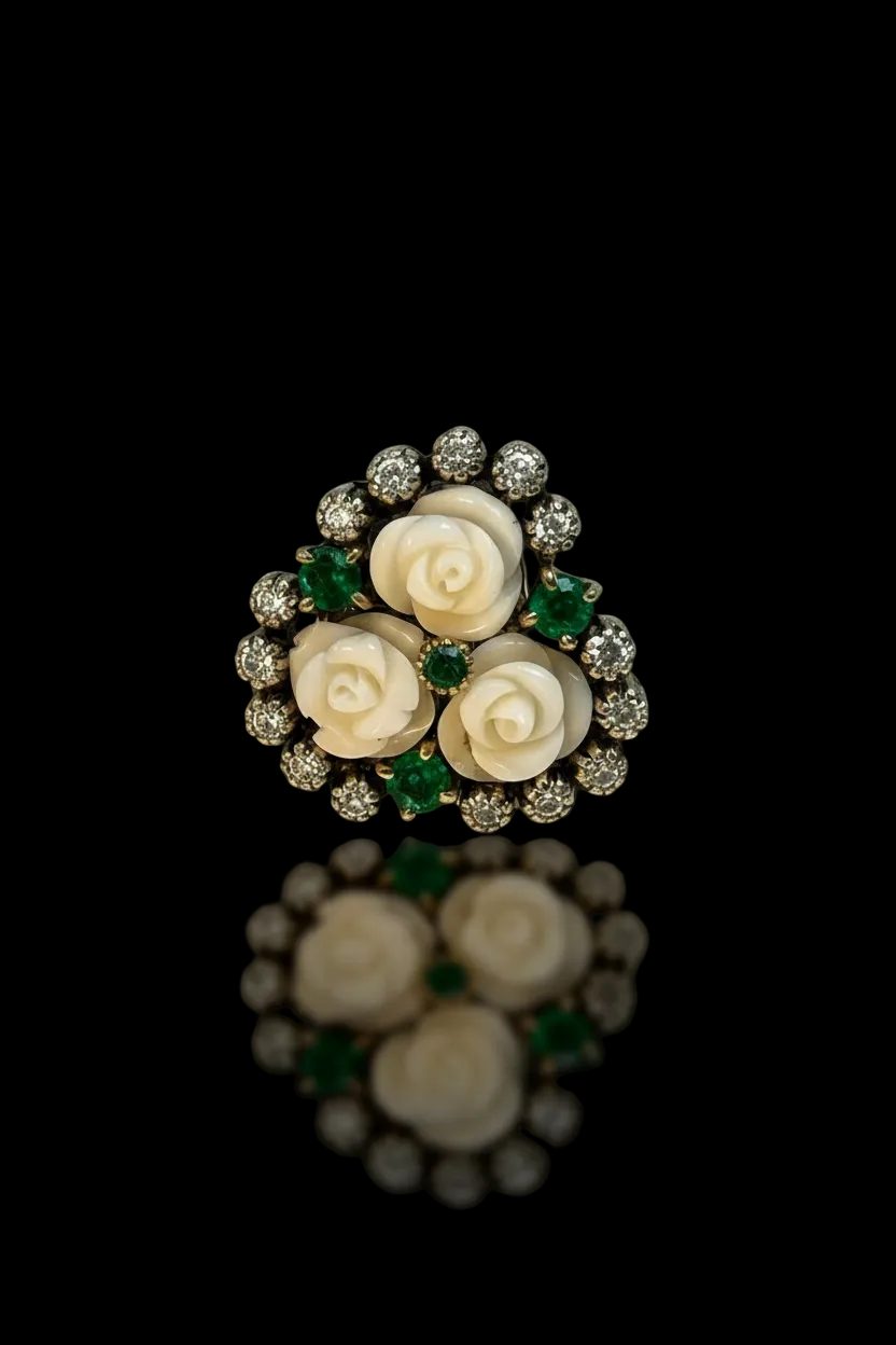 Orecchini con Rose di Corallo Bianco, Smeraldi e Diamanti