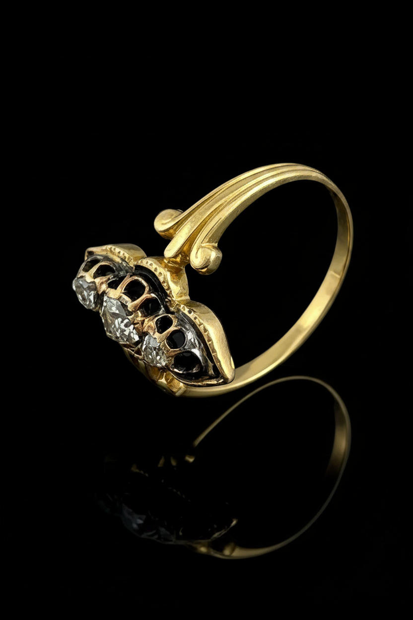 Anello Vittoriano con Smalti Neri e Diamanti