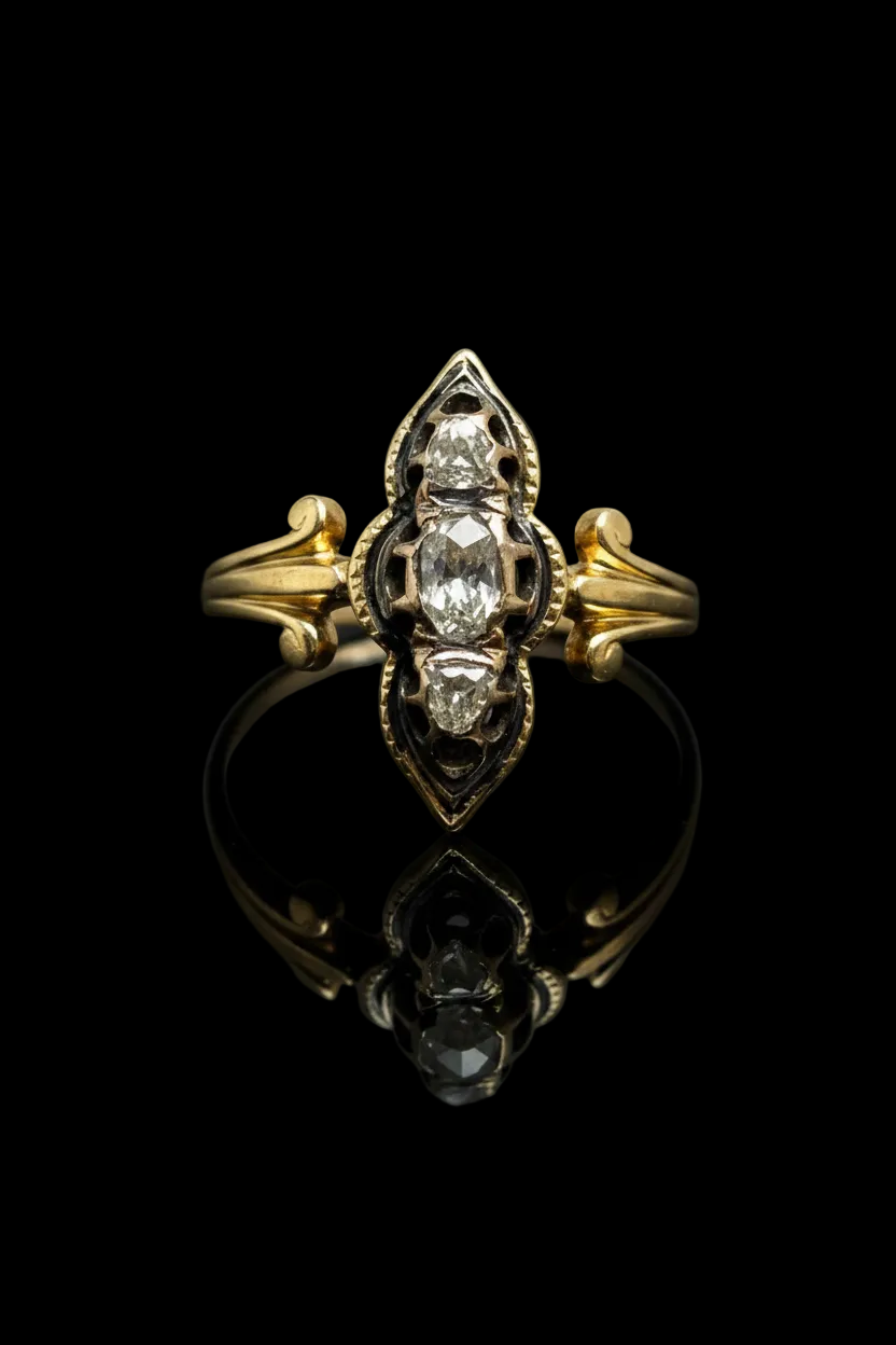 Anello Vittoriano con Smalti Neri e Diamanti
